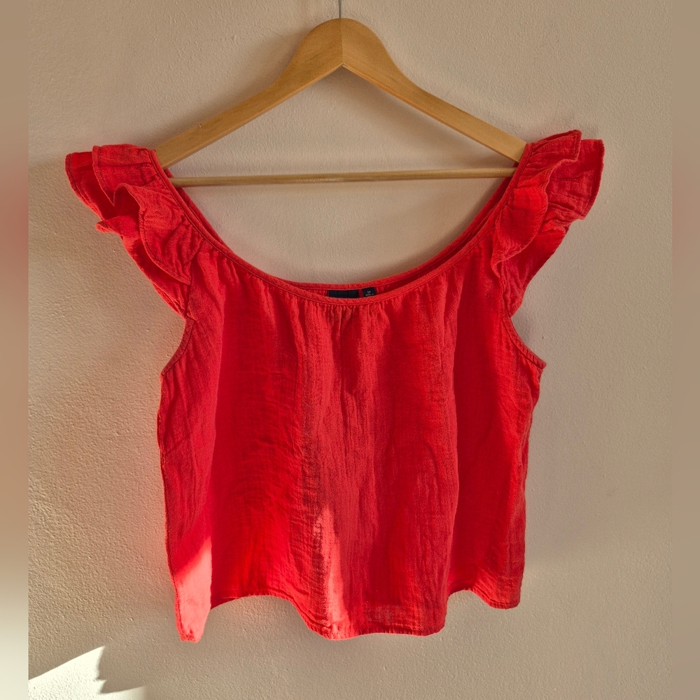 100% Cotton Gauze Bright Red Tank Top With Ruffles Womens Small